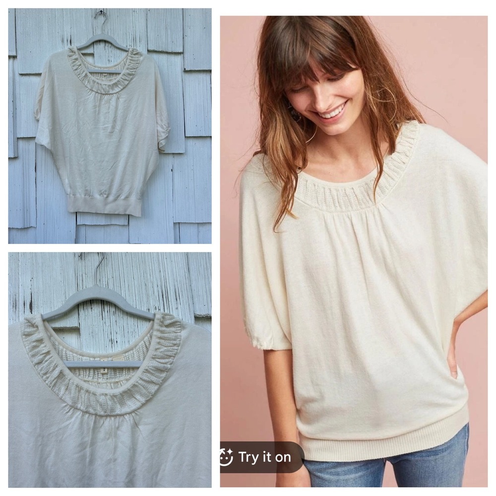 Moth Anthropologie Cream Silk Blend Dolman Sleeve Ruffle Neck Knit Top Small